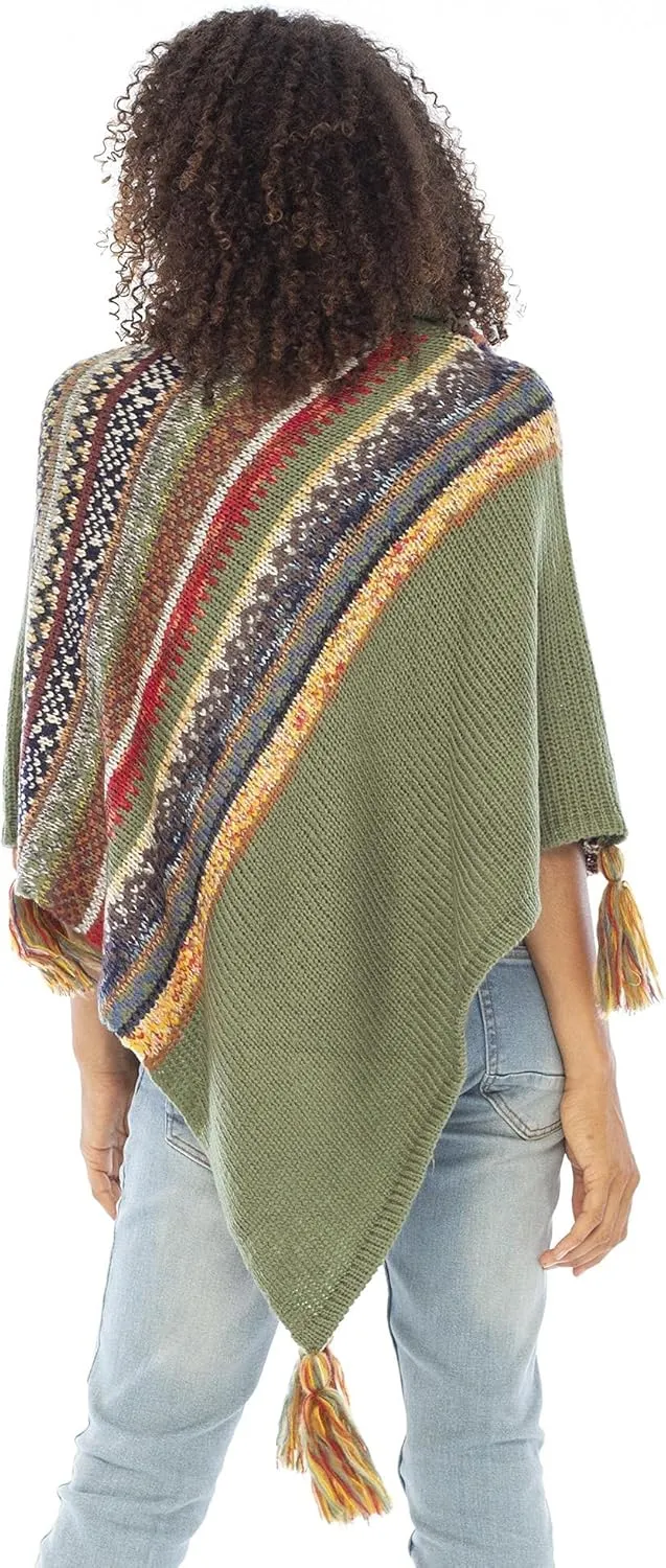 Back From Bali Womens Knit Sweater Cape Boho Soft T Neck Cowl Neck Poncho Tassels