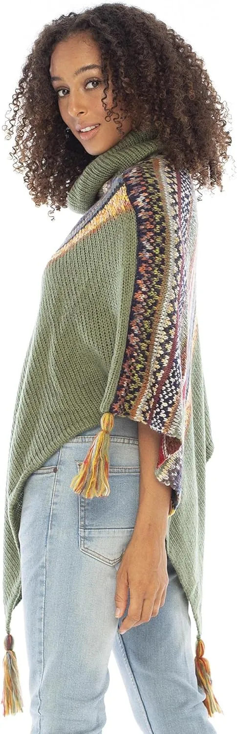 Back From Bali Womens Knit Sweater Cape Boho Soft T Neck Cowl Neck Poncho Tassels