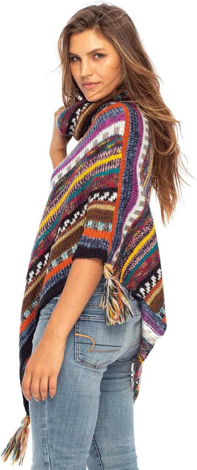 Back From Bali Womens Knit Sweater Cape Boho Soft T Neck Cowl Neck Poncho Tassels