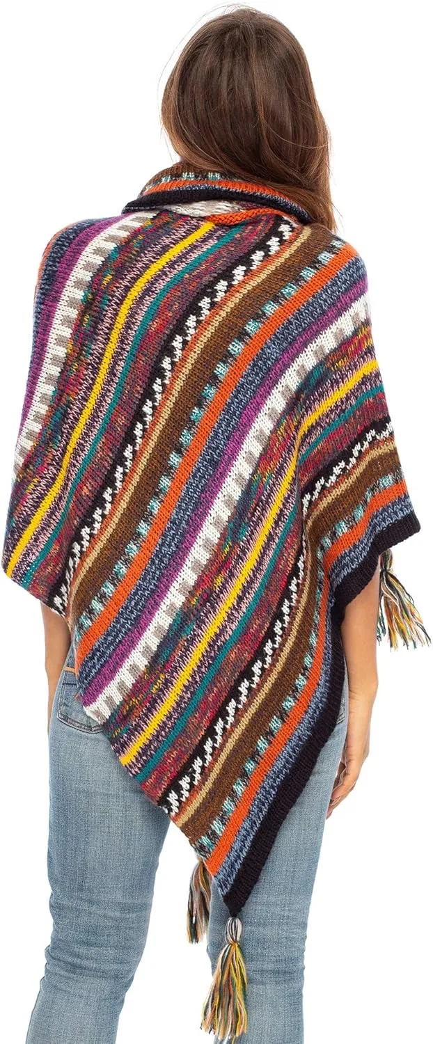 Back From Bali Womens Knit Sweater Cape Boho Soft T Neck Cowl Neck Poncho Tassels