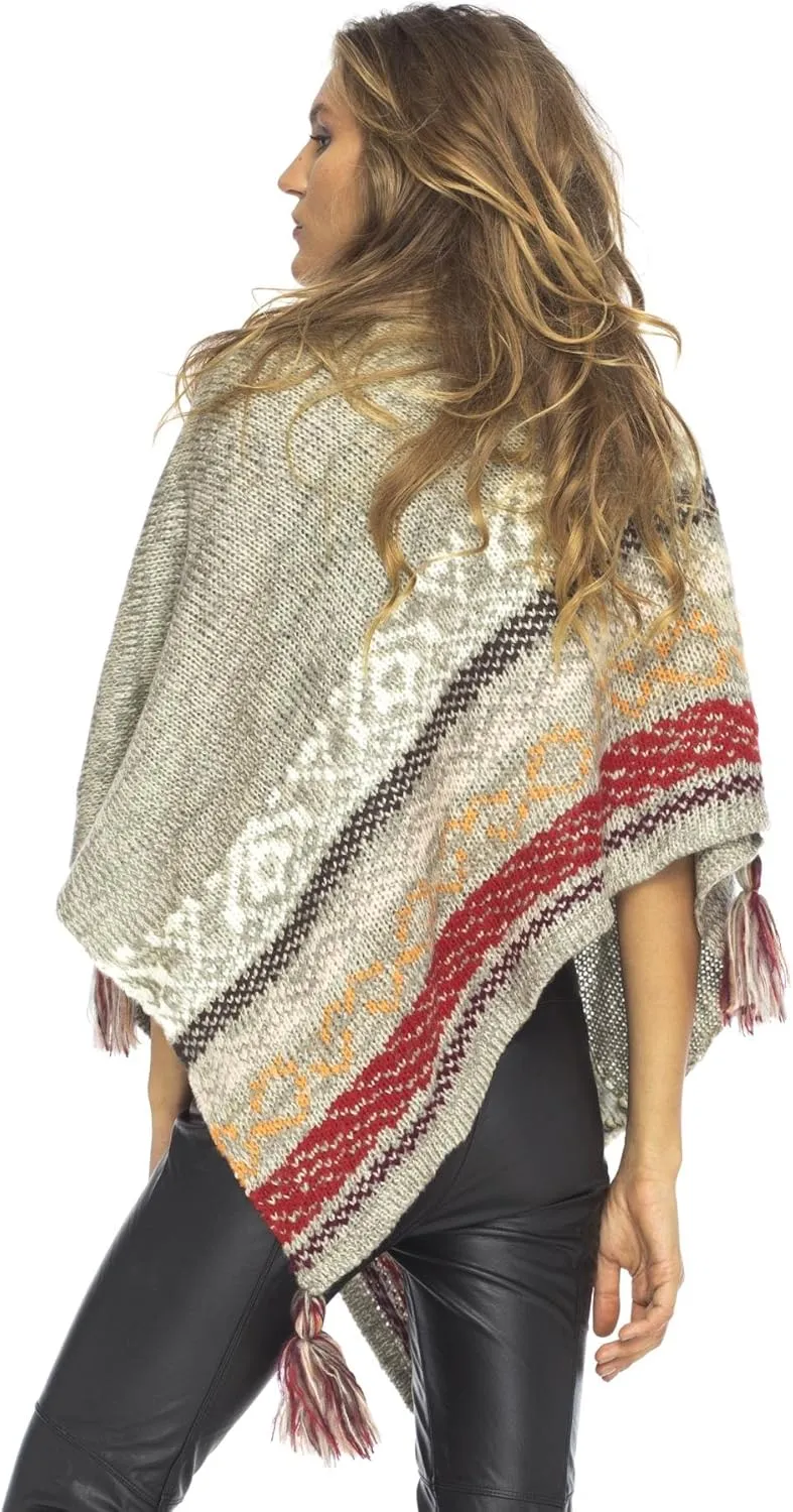 Back From Bali Womens Knit Sweater Cape Boho Soft T Neck Cowl Neck Poncho Tassels