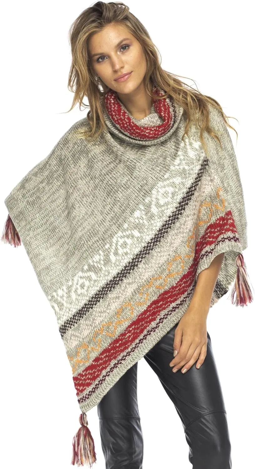 Back From Bali Womens Knit Sweater Cape Boho Soft T Neck Cowl Neck Poncho Tassels