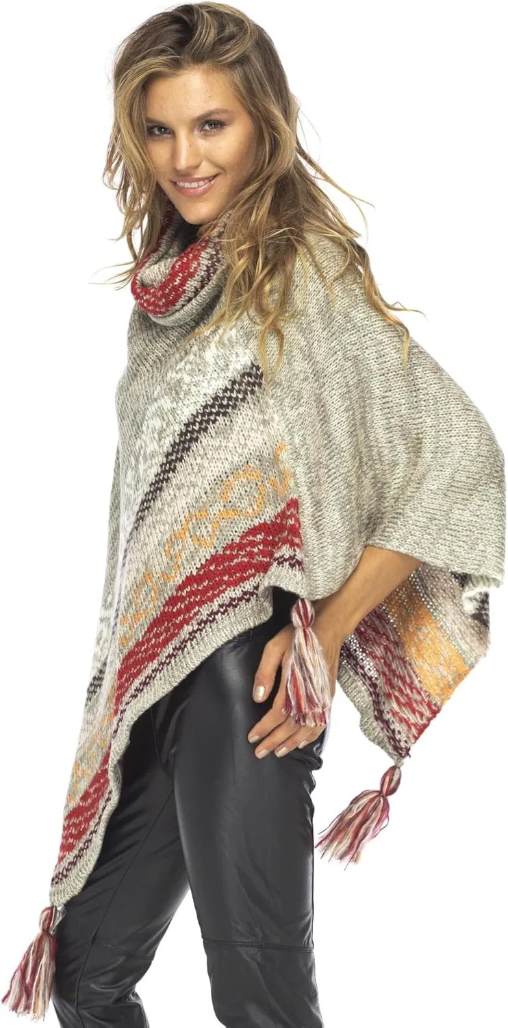 Back From Bali Womens Knit Sweater Cape Boho Soft T Neck Cowl Neck Poncho Tassels