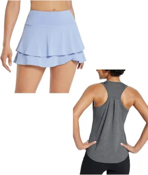 baleaf Women's 14" Tennis Skirts Golf Skorts & Workout Tank Top Racerback Blue&Grey M