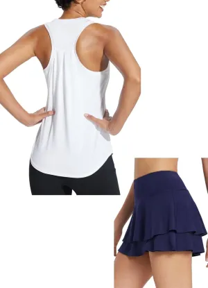 baleaf Women's 14" Tennis Skirts Golf Skorts & Workout Tank Top Racerback Navy&White L