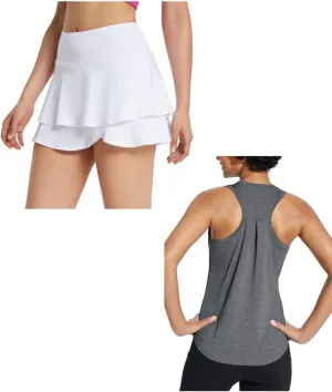 baleaf Women's 14" Tennis Skirts Golf Skorts & Workout Tank Top Racerback White&Grey M