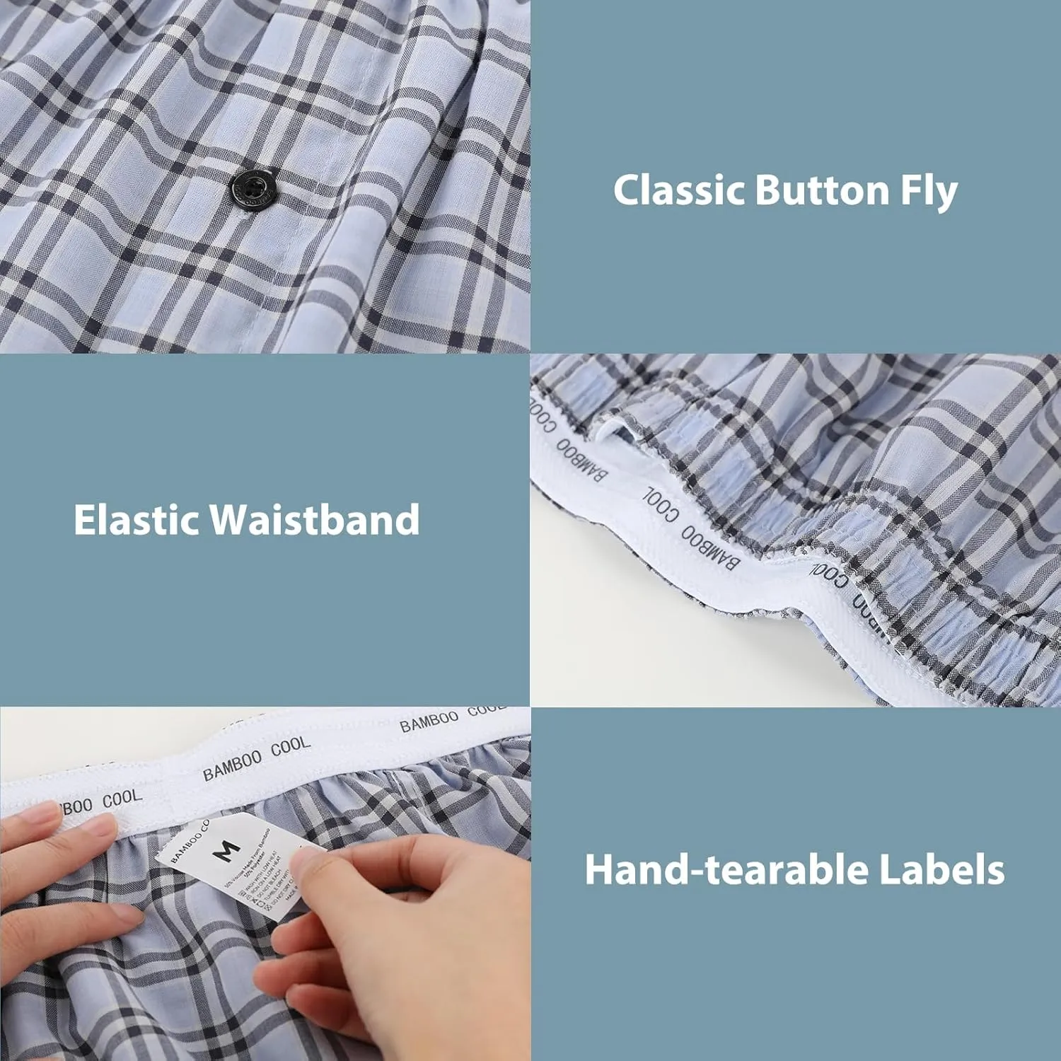 BAMBOO COOL Men's Woven Boxer Shorts,Classic Relaxed Fit,Plaid Boxers for Men,lightweight Men's underwear 6 Pack