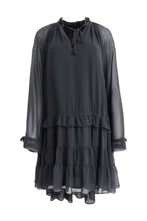 Black Ruffled Dress With Long Sleeve And Keyhole