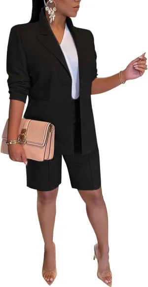 Blazer Shorts Set for Women Two Piece Outfits One Button Up Jacket and Bermuda Short Suits