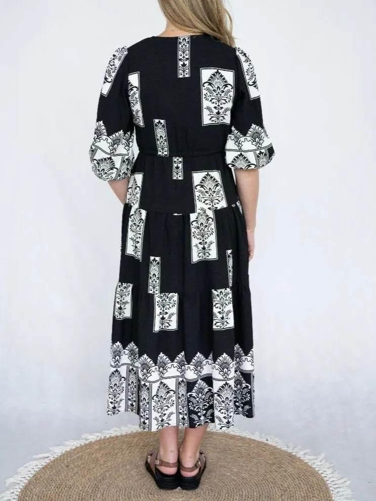 Border Print Mock Wrap Dress- Black