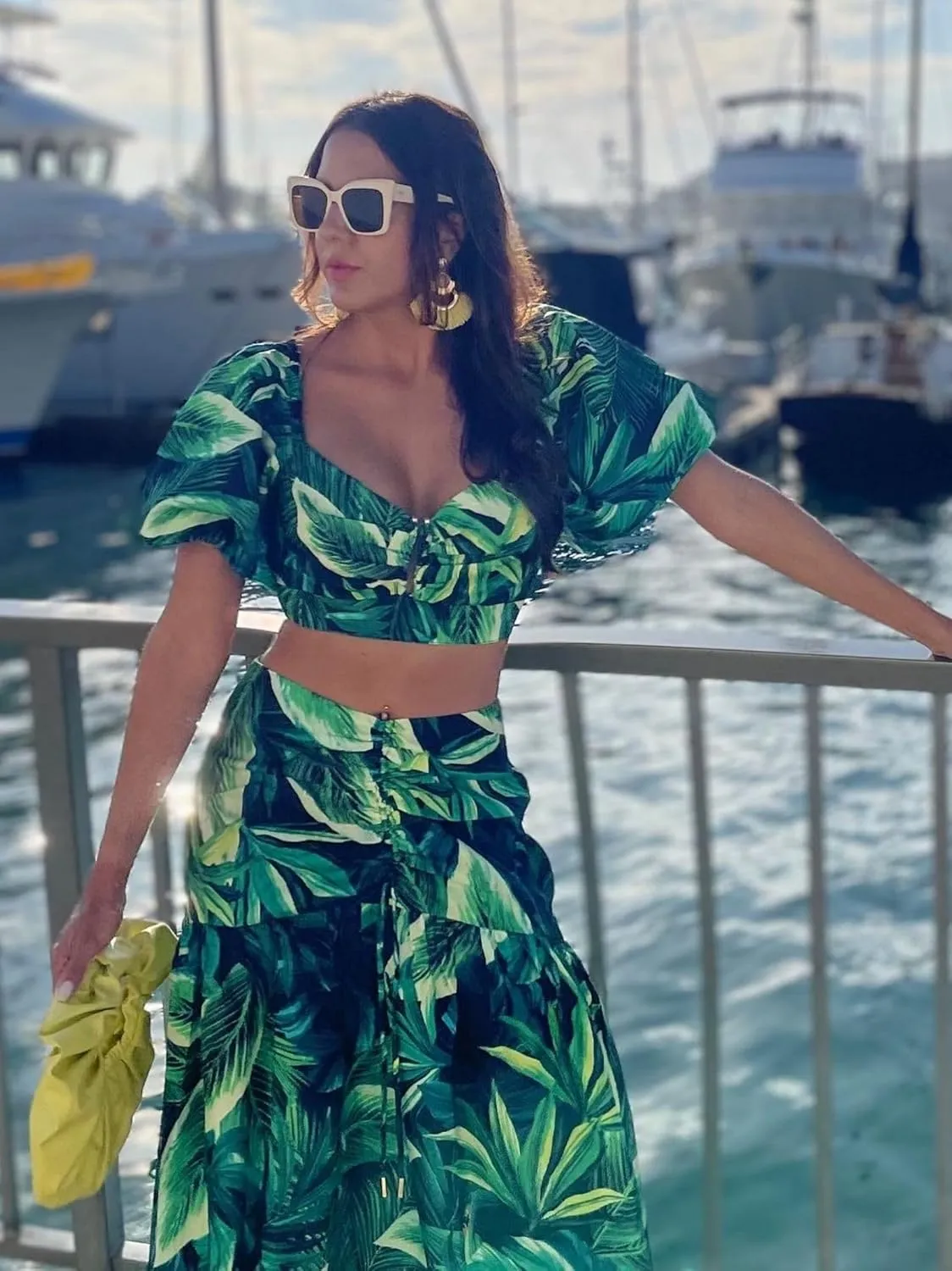 BRANCHE BY E&D Women's Summer 2 Piece Outfits Floral Print Crop Puff Sleeve Tops Maxi Skirt Sets Long Dress