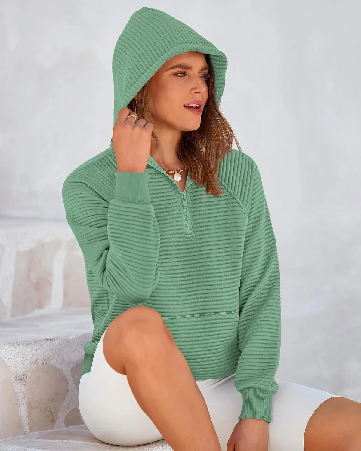 BTFBM Womens 2024 Fall Fashion Casual Hoodies Quarter Zip Sweatshirts Casual Long Sleeve V Neck Solid Pullover Tops