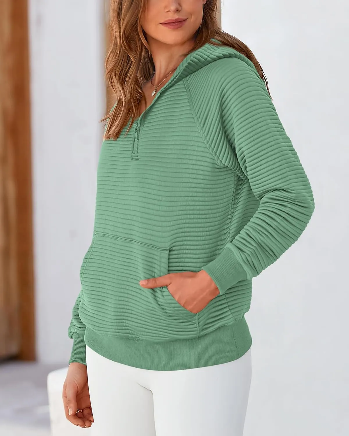BTFBM Womens 2024 Fall Fashion Casual Hoodies Quarter Zip Sweatshirts Casual Long Sleeve V Neck Solid Pullover Tops