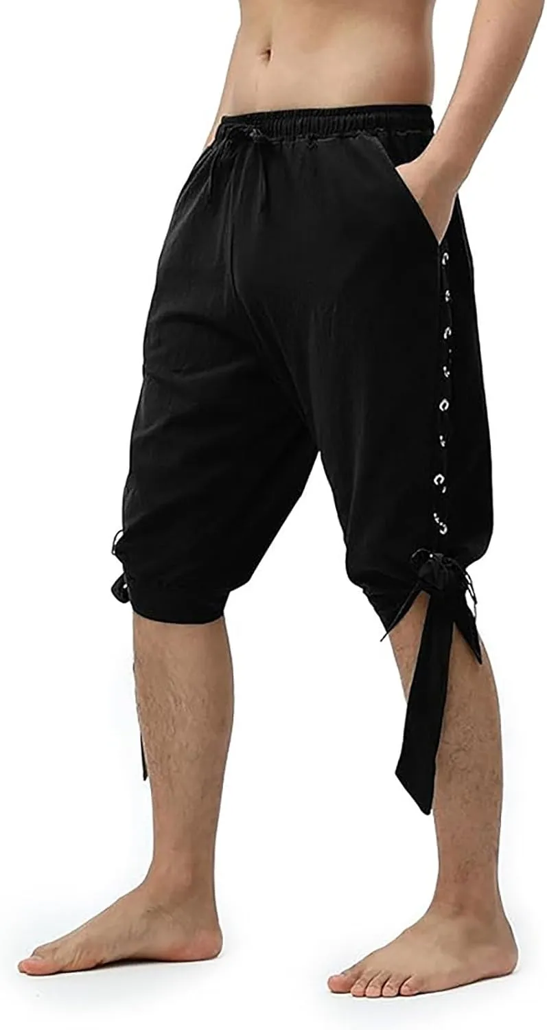 Casual Capri Shorts for Mens Side Ties Mid Rise Drawstring Elastic Waisted Short Pants Slim Fit Summer Beach Leisure Shorts