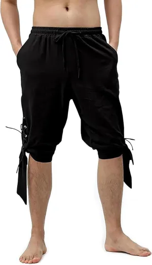 Casual Capri Shorts for Mens Side Ties Mid Rise Drawstring Elastic Waisted Short Pants Slim Fit Summer Beach Leisure Shorts