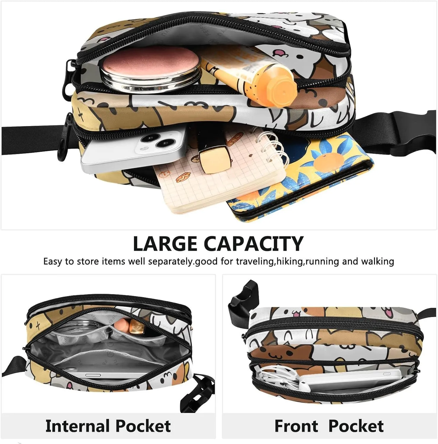Cat Belt Bag Mini Fanny Pack for Women with Adjustable Strap Waterproof Waist Pouch Small Crossbody Bags for Running Cycling Traveling Hiking