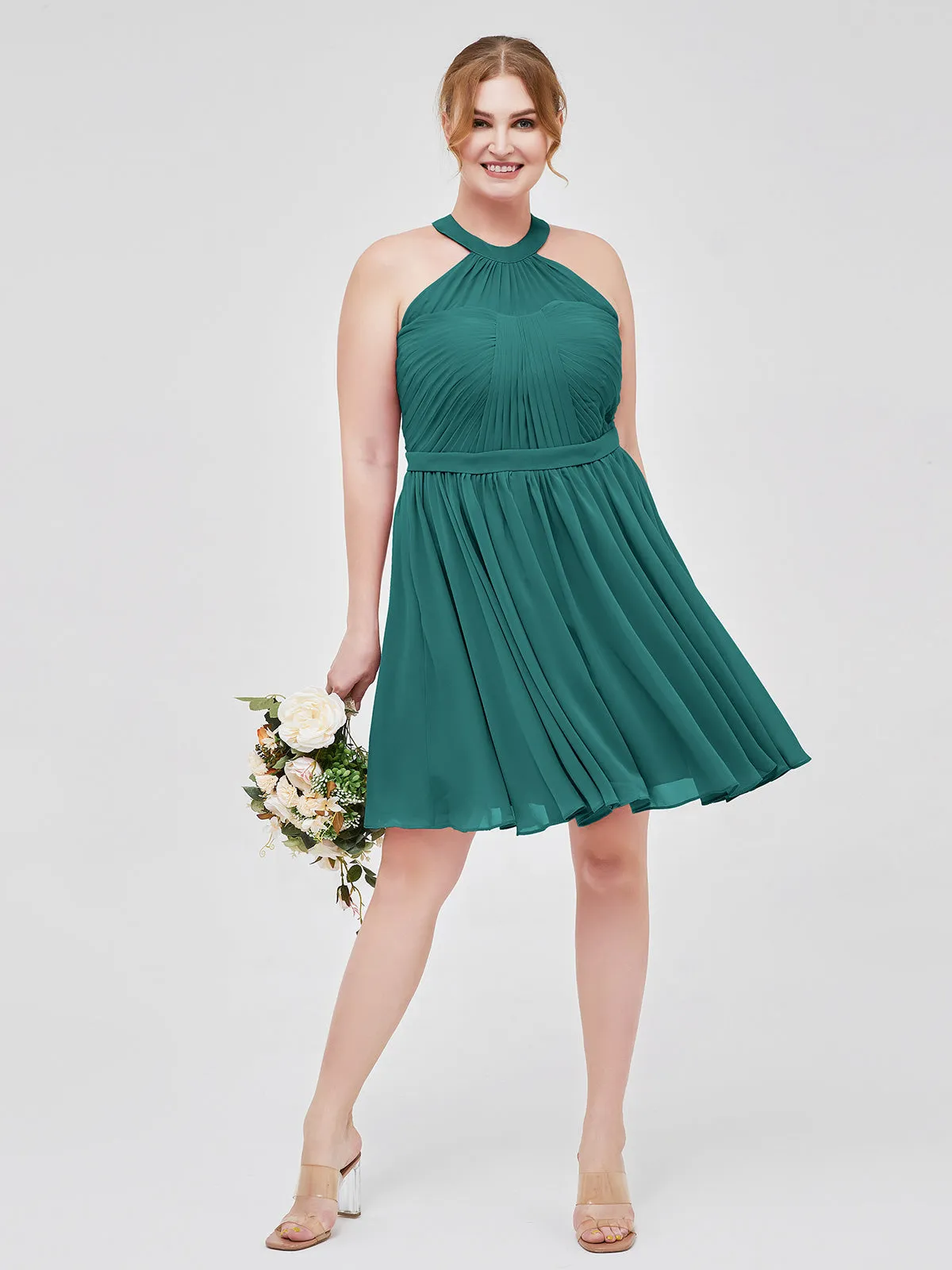 Chiffon Halter Short Bridesmaid Dresses Peacock