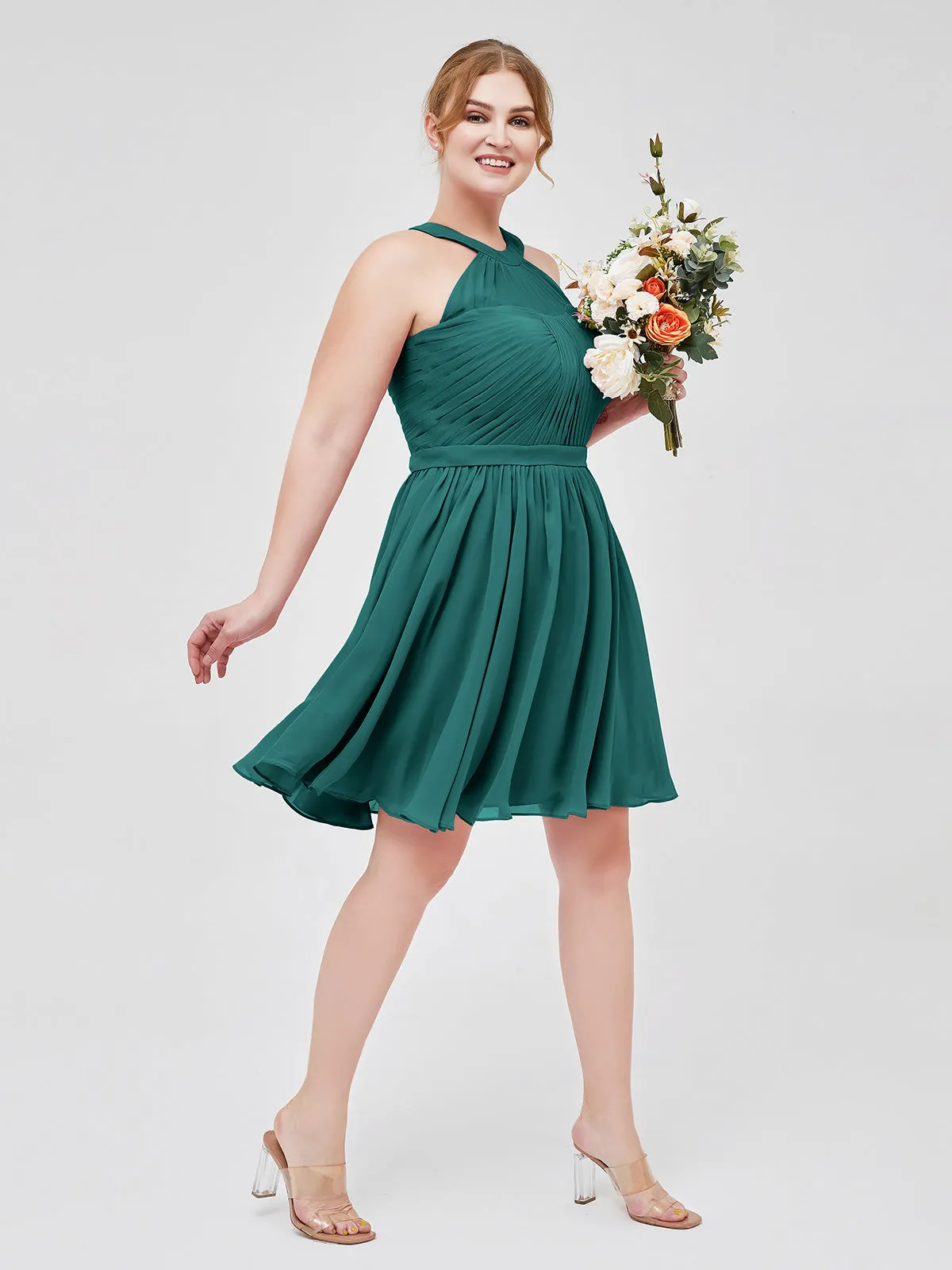 Chiffon Halter Short Bridesmaid Dresses Peacock