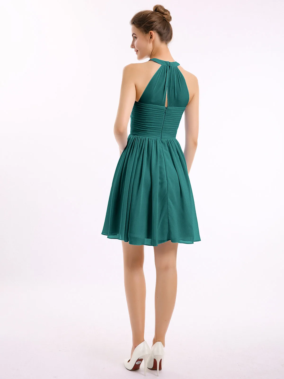 Chiffon Halter Short Bridesmaid Dresses Peacock