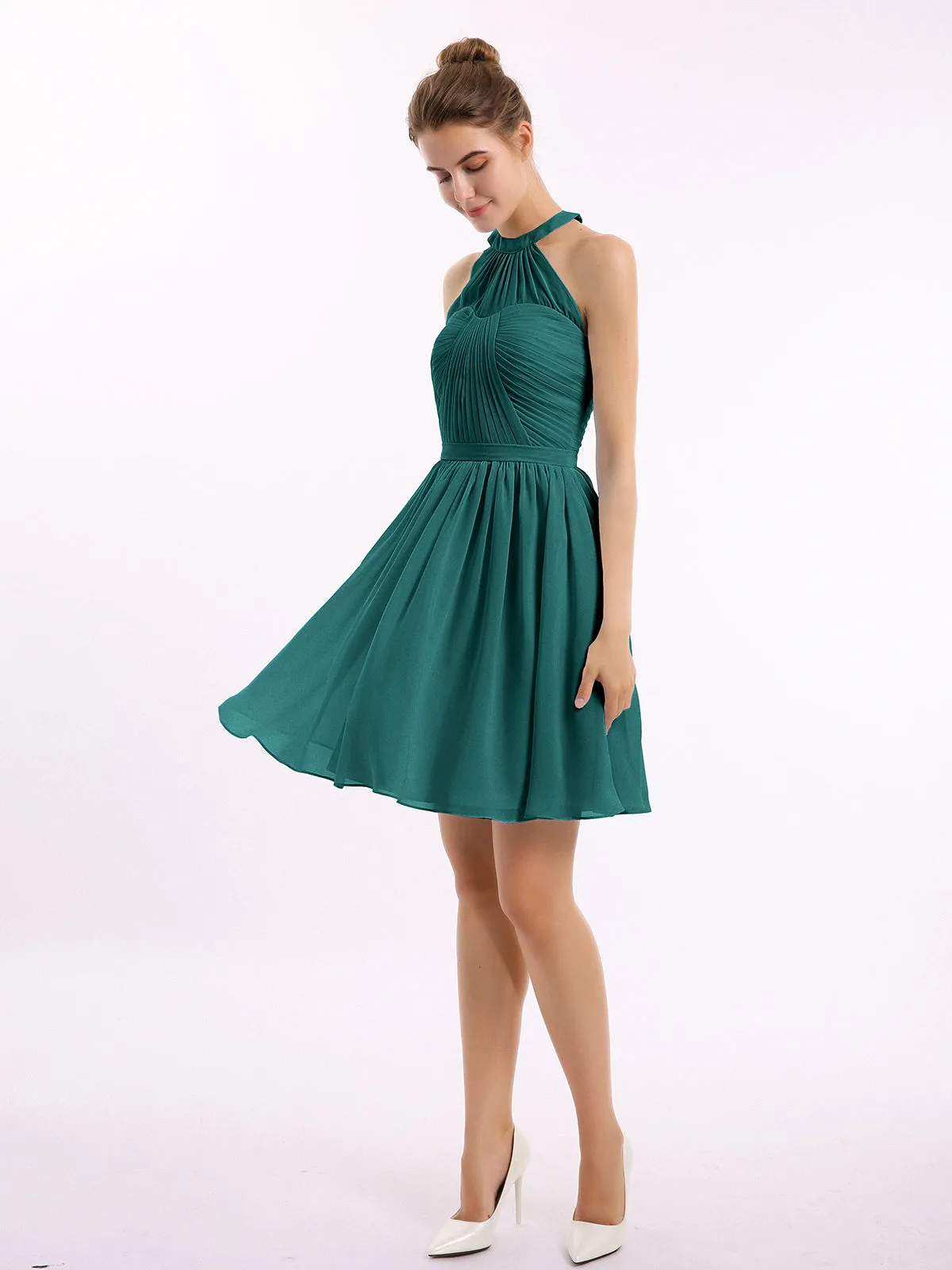 Chiffon Halter Short Bridesmaid Dresses Peacock