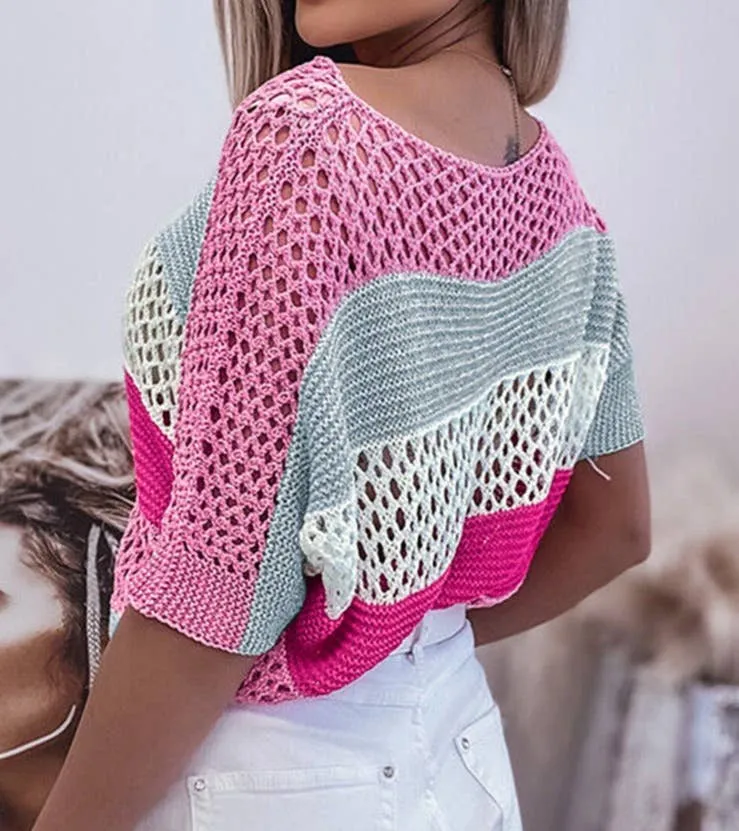 Colorblock Crochet Knit Top: Large 10-12 / SKY BLUE