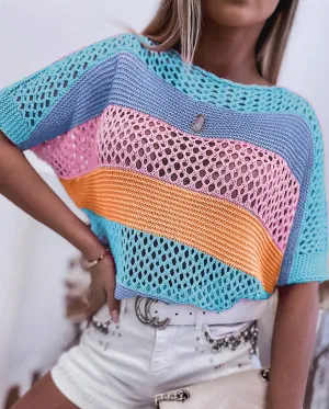 Colorblock Crochet Knit Top: Large 10-12 / SKY BLUE