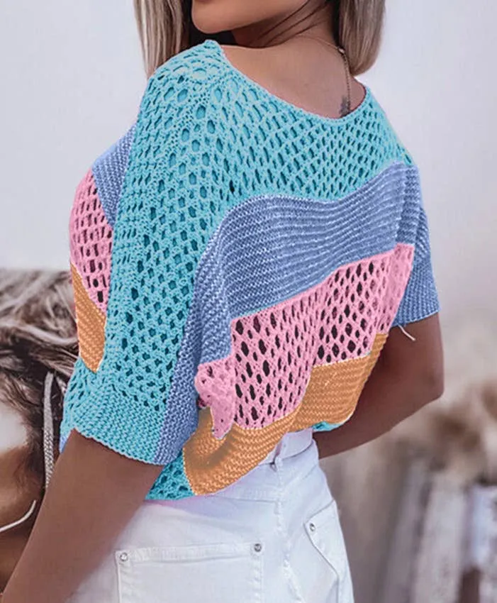 Colorblock Crochet Knit Top: Large 10-12 / SKY BLUE
