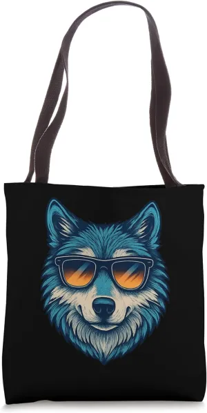 Cool Wolf with Sunglasses Retro Blue Orange Style Tote Bag