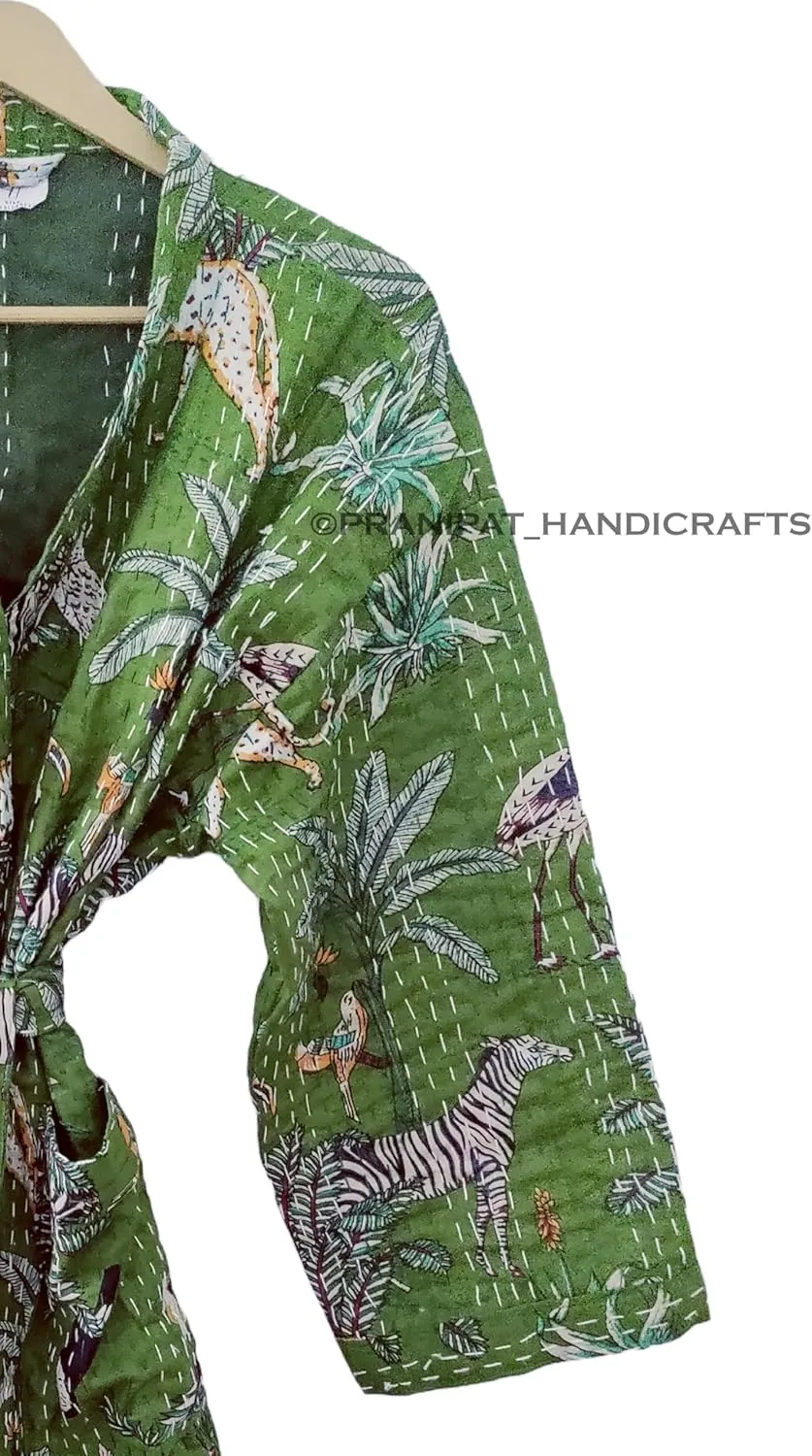 Cotton Animal Print Lightweight Open Front Mid Length Hippie Women Ethnic Kantha Jacket, Free Size