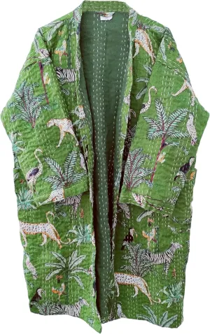 Cotton Animal Print Lightweight Open Front Mid Length Hippie Women Ethnic Kantha Jacket, Free Size