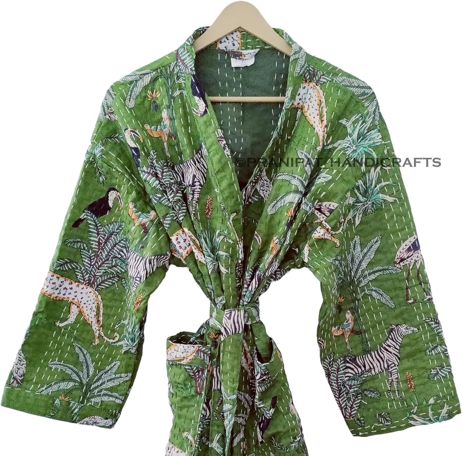 Cotton Animal Print Lightweight Open Front Mid Length Hippie Women Ethnic Kantha Jacket, Free Size