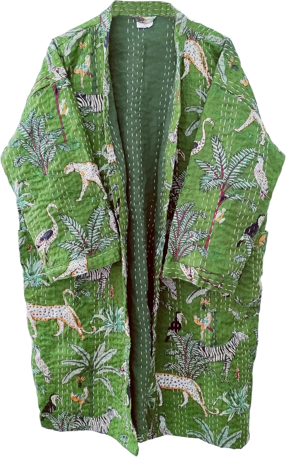Cotton Animal Print Lightweight Open Front Mid Length Hippie Women Ethnic Kantha Jacket, Free Size