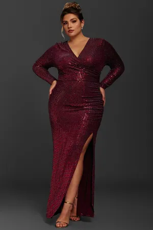 Curveins Plus Size Long Sleeve Solid Color Metallic Sequin Maxi Dress