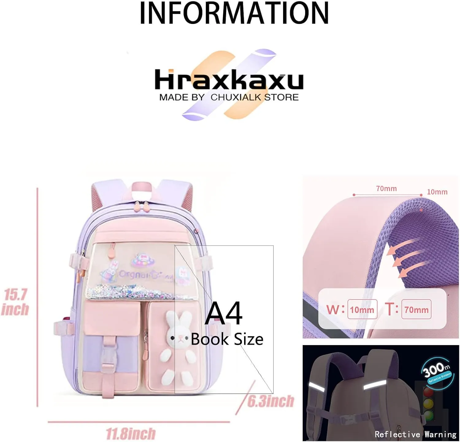 Cute Bunny Backpack, Kawaii Bunny Backpacks Girls,Back To School Large Capacity Waterproof Bookbag for Grades 1-6 Bags(Blue)