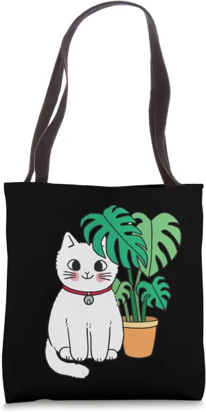 Cute Cat with Monstera Plant Kawaii Kitten Lover Design Tote Bag