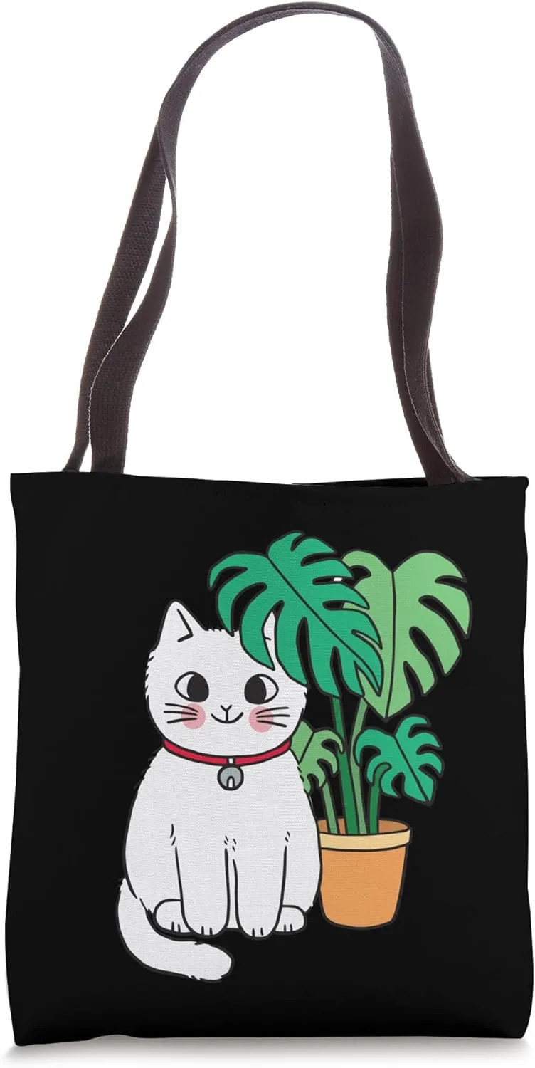 Cute Cat with Monstera Plant Kawaii Kitten Lover Design Tote Bag