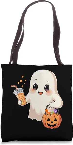 Cute Halloween Ghost with Candy Bucket and Boba Tea Kids Tote Bag