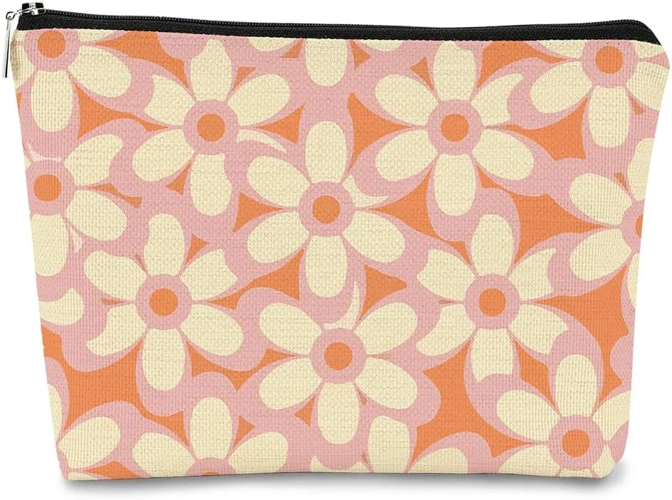 Daisy Makeup Bag,Small Makeup Pouch Summer Funky Chic Floral Hippie Cosmetic Bag Zipper Travel Toiletry Bag, Best Gift Idea for Teen Girls Sister Girlfriend, Birthday Christmas Gifts