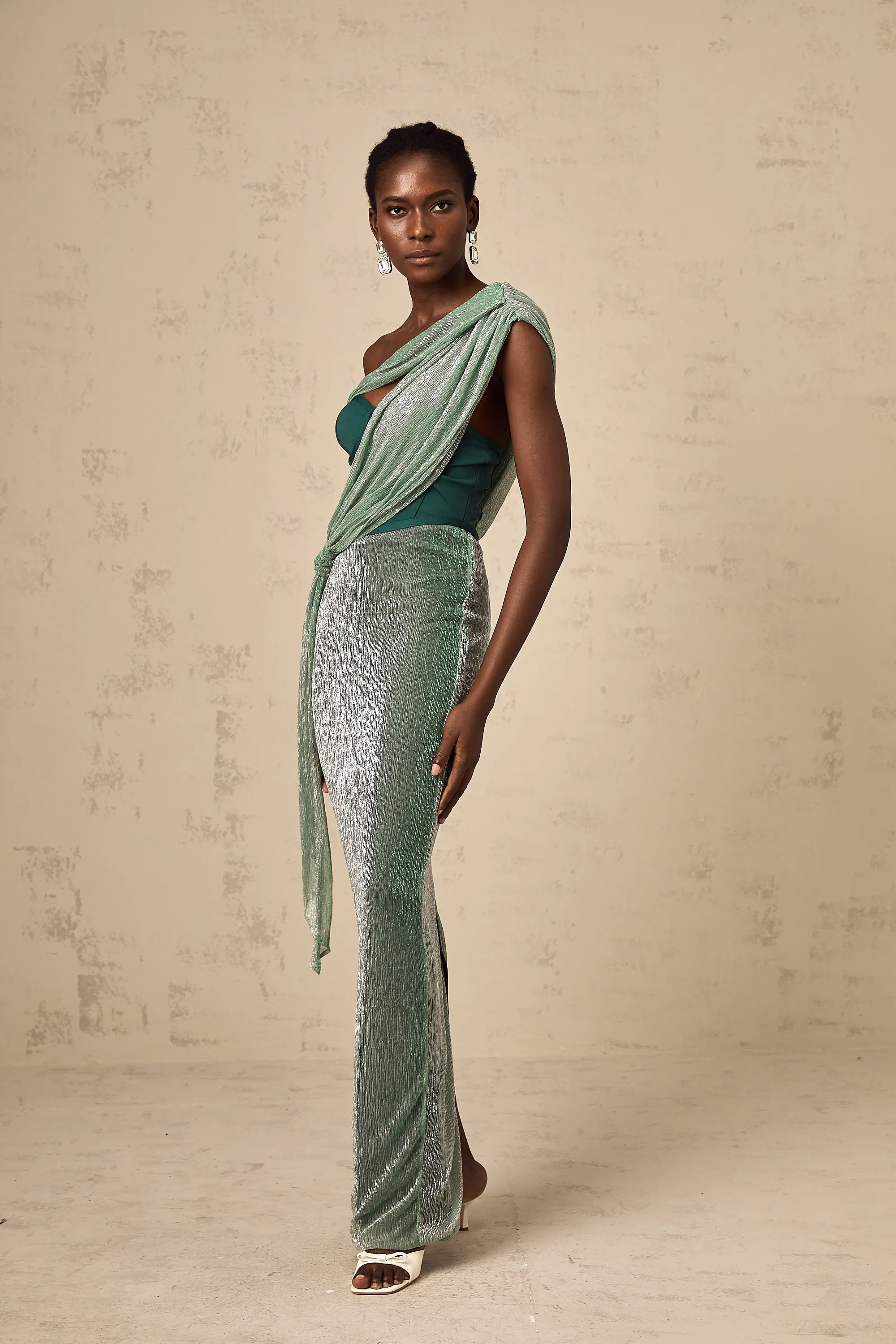 Delphine ribbon-design corset maxi dress in Green