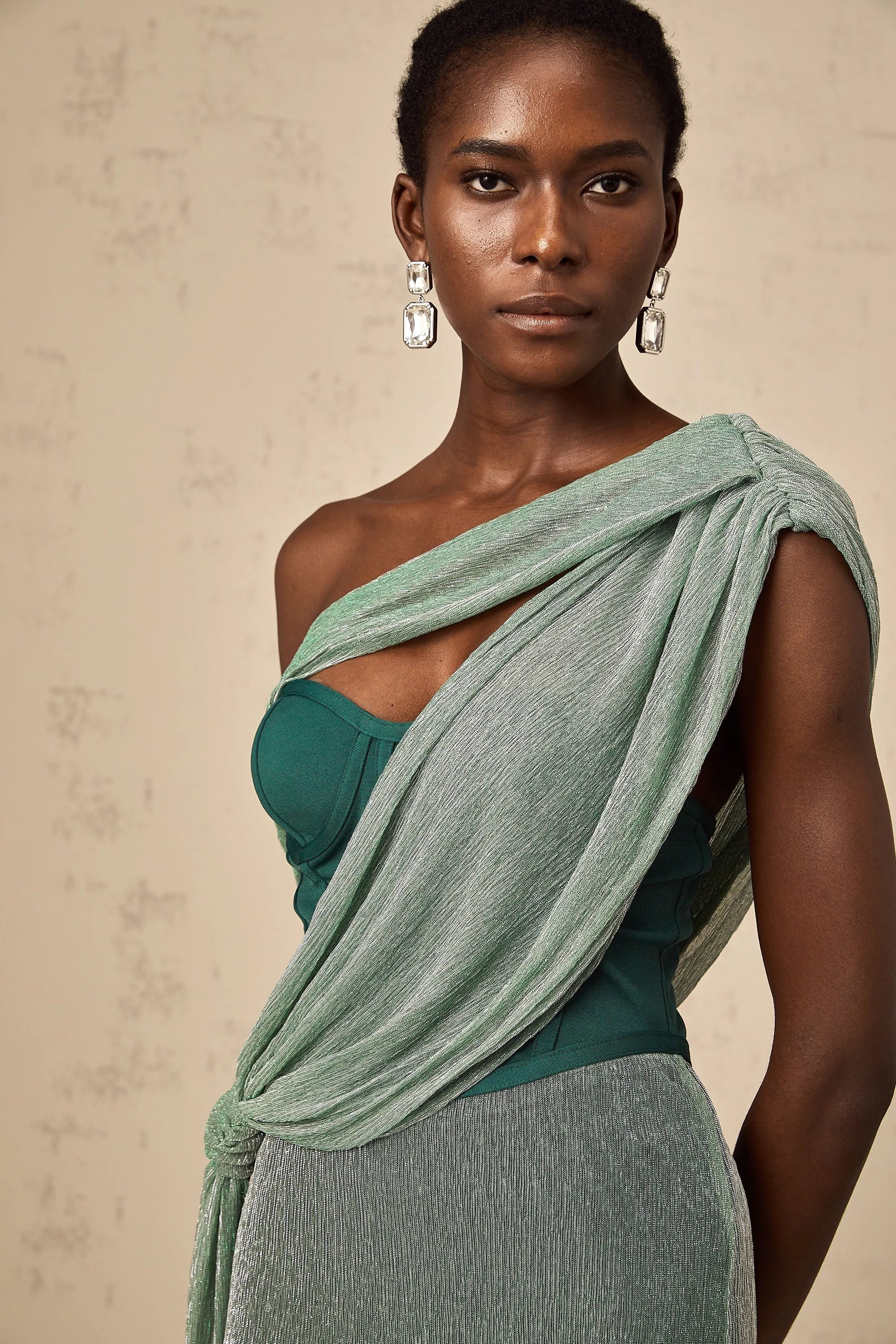 Delphine ribbon-design corset maxi dress in Green