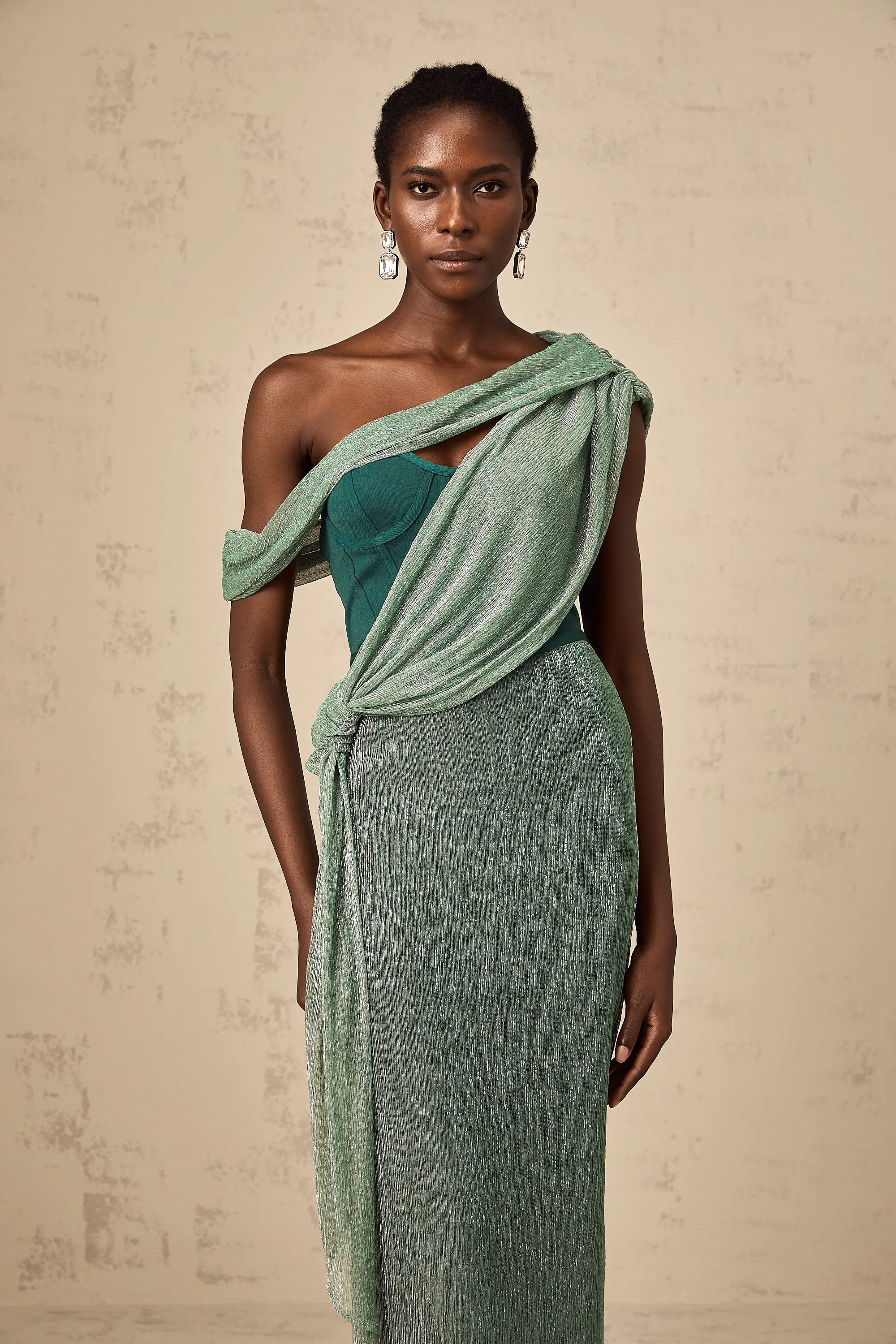 Delphine ribbon-design corset maxi dress in Green