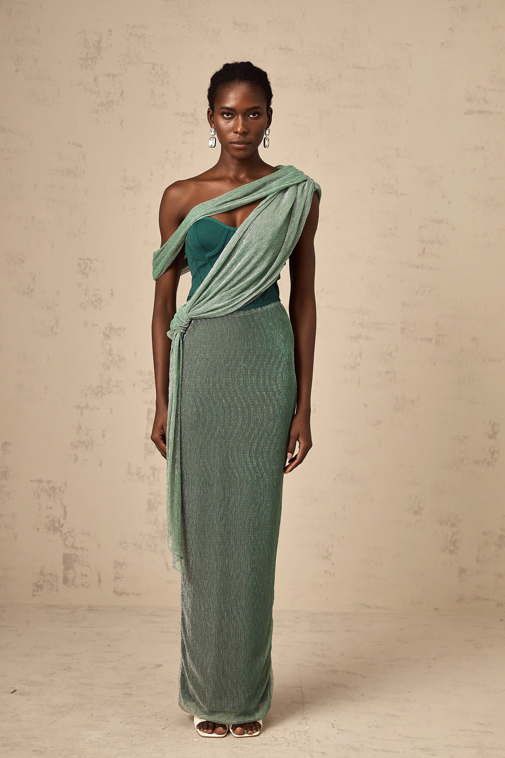 Delphine ribbon-design corset maxi dress in Green