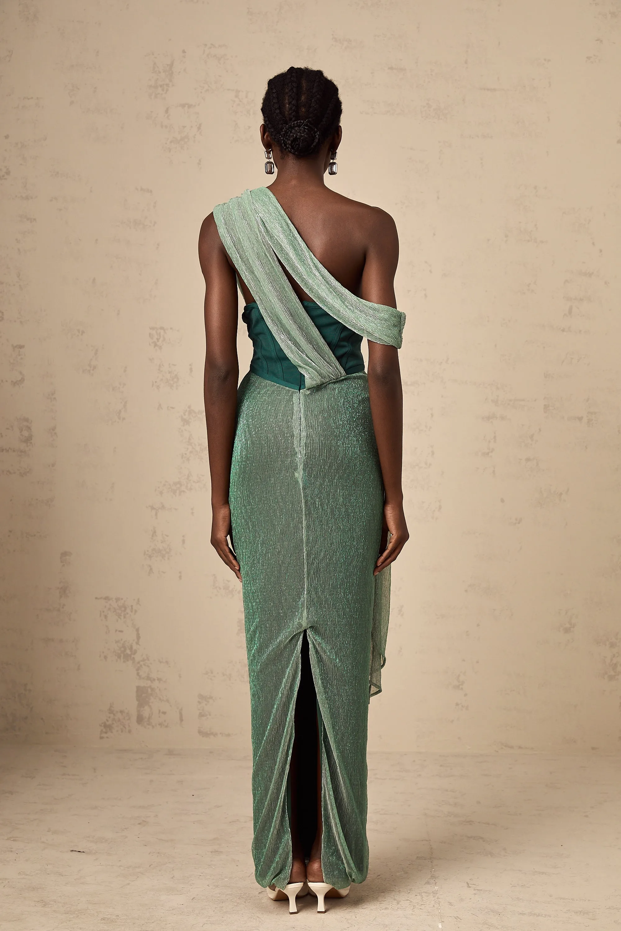 Delphine ribbon-design corset maxi dress in Green