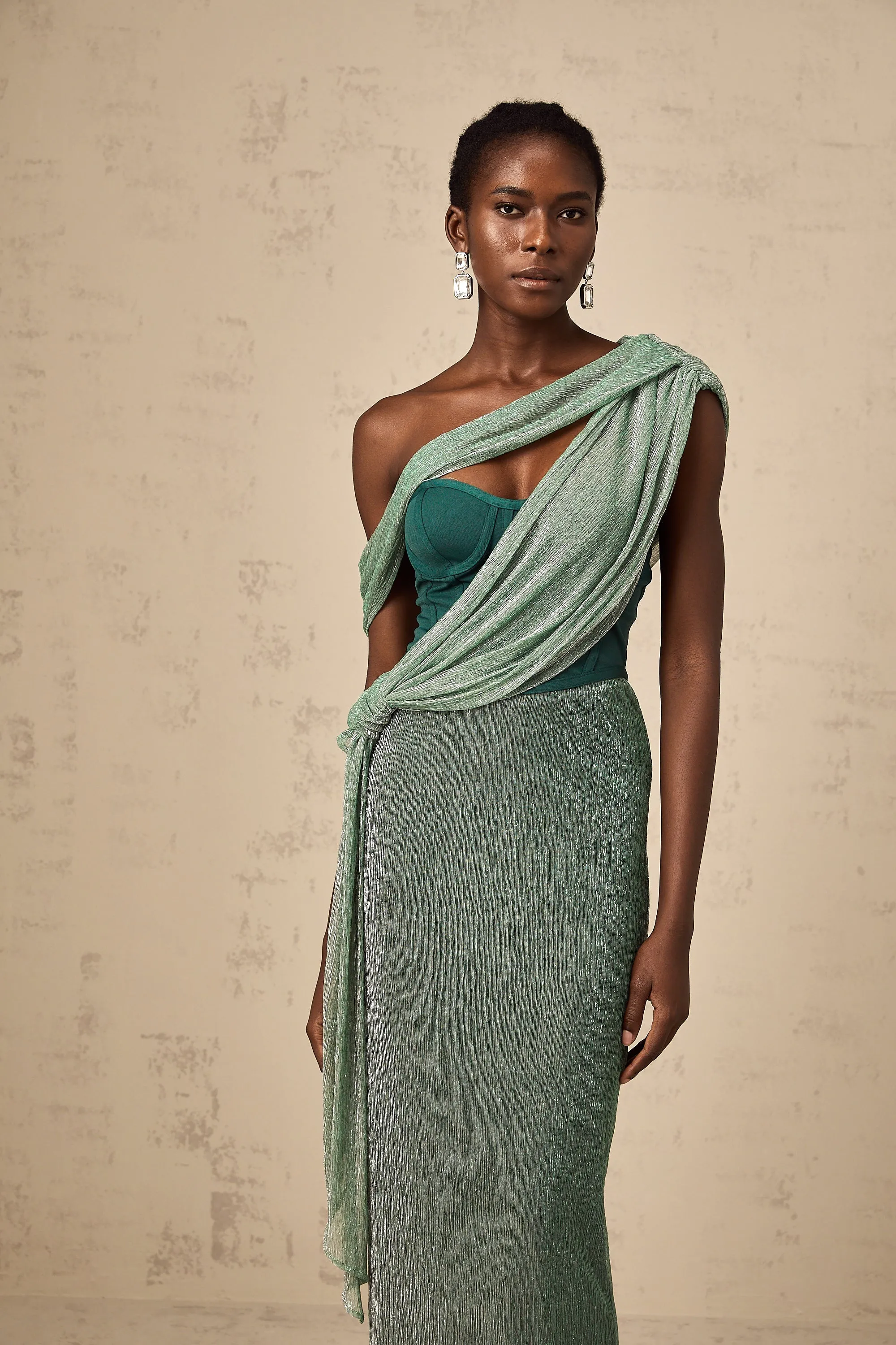 Delphine ribbon-design corset maxi dress in Green