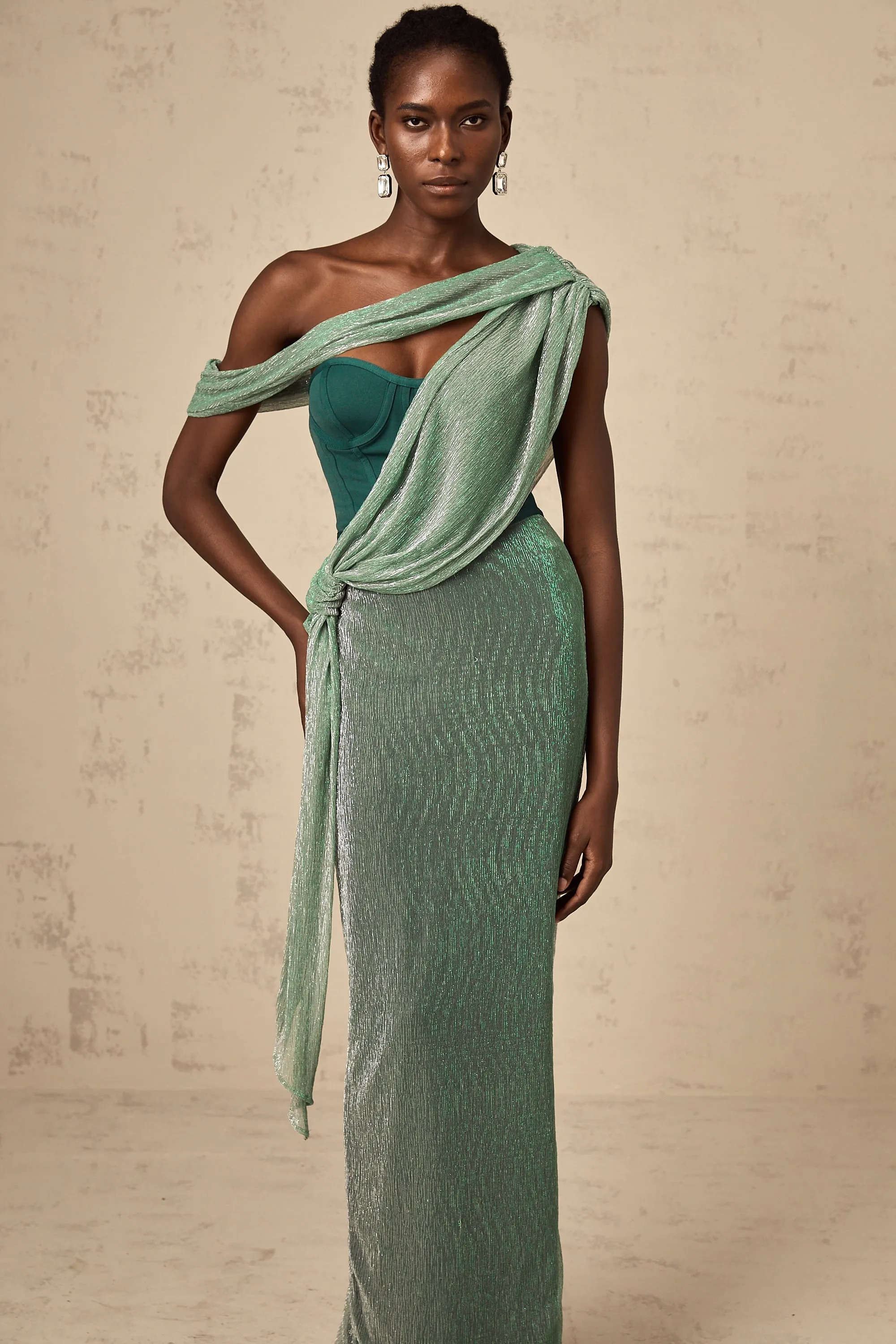 Delphine ribbon-design corset maxi dress in Green