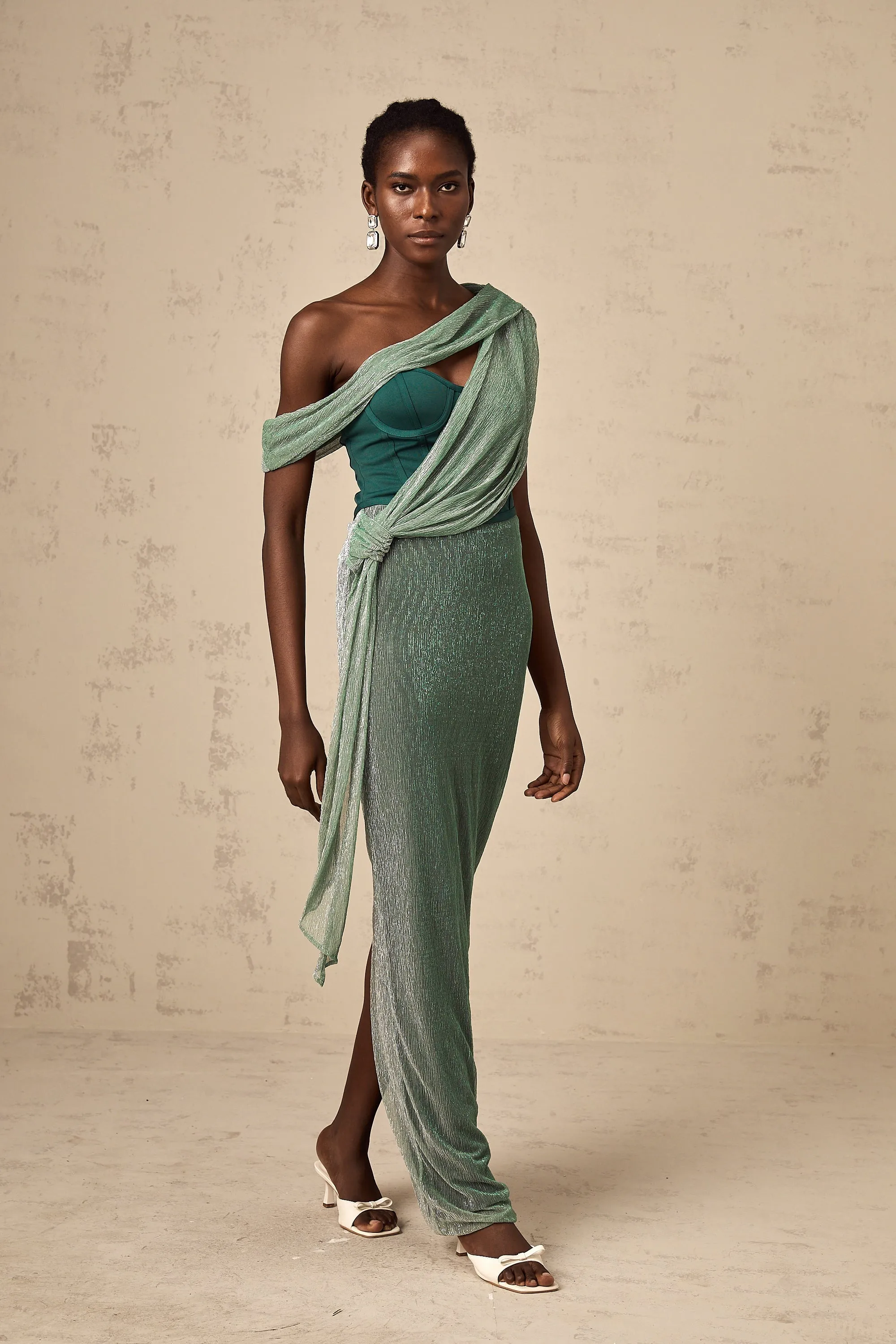 Delphine ribbon-design corset maxi dress in Green