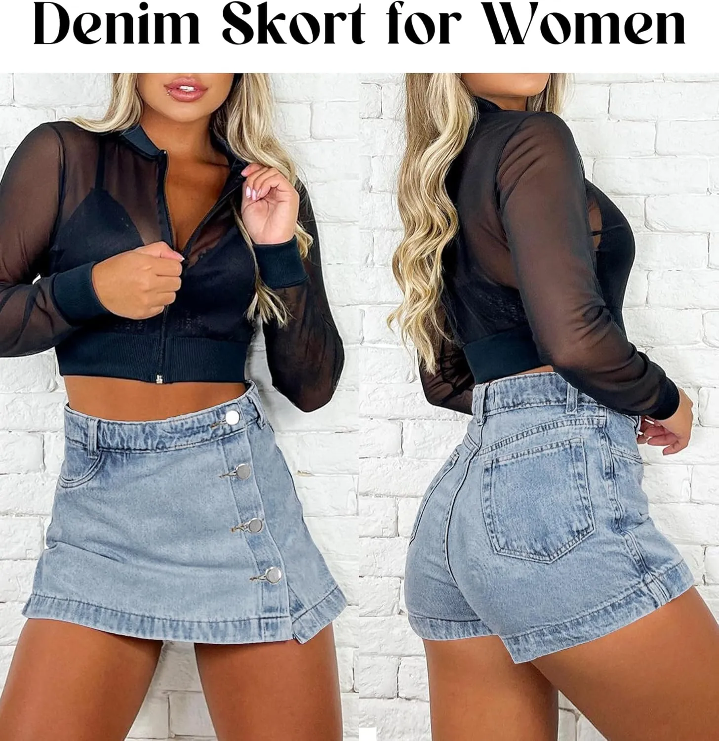 Denim Skort for Women Trendy Slit Mini Denim Skirt Casual Stretchy Jean Skirt with Shorts Summer Short Skirt