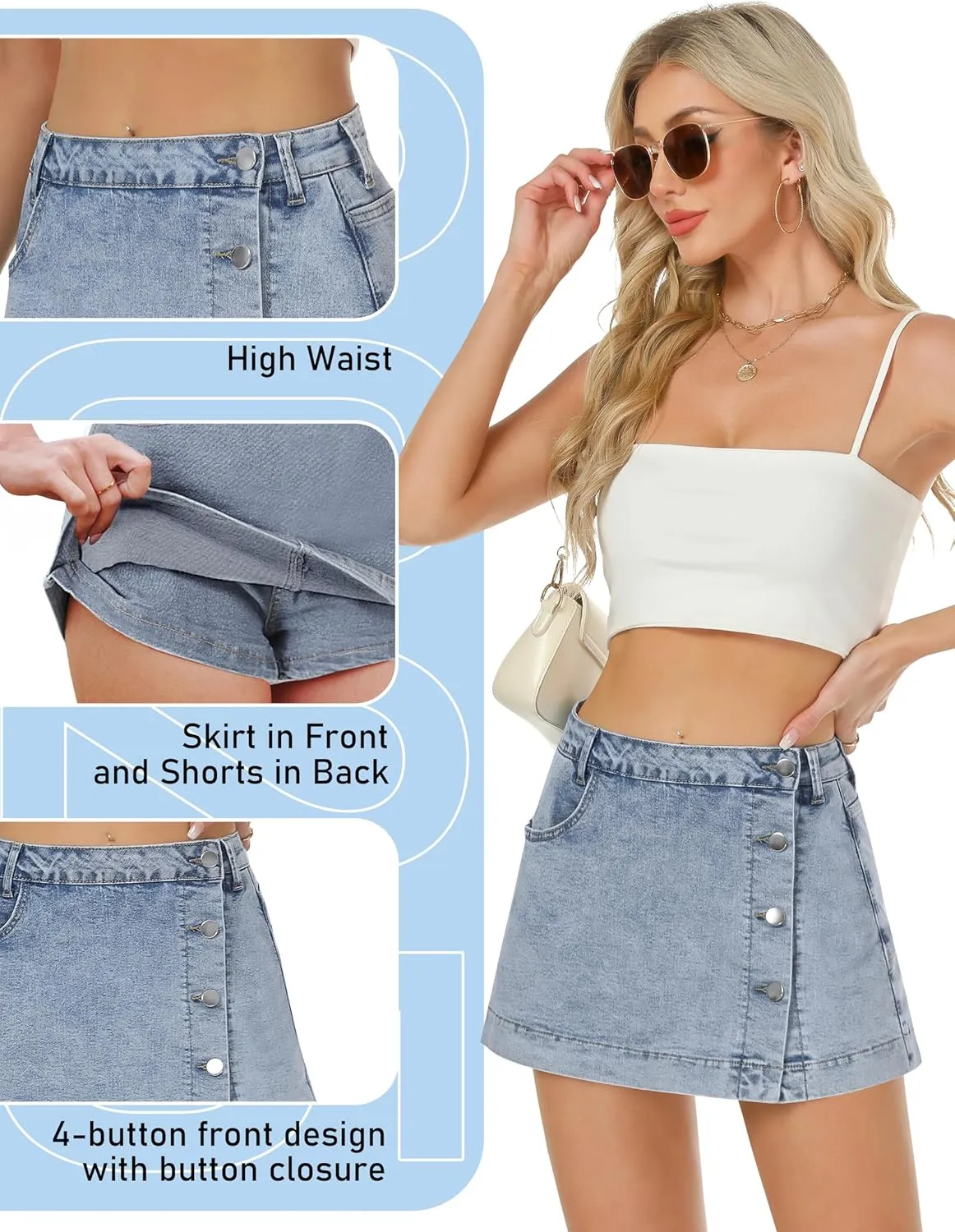 Denim Skort for Women Trendy Slit Mini Denim Skirt Casual Stretchy Jean Skirt with Shorts Summer Short Skirt