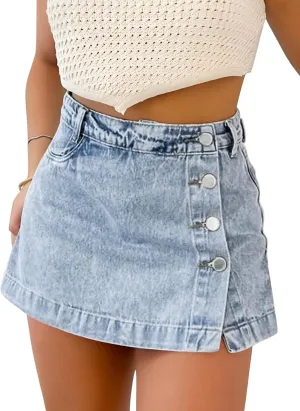 Denim Skort for Women Trendy Slit Mini Denim Skirt Casual Stretchy Jean Skirt with Shorts Summer Short Skirt