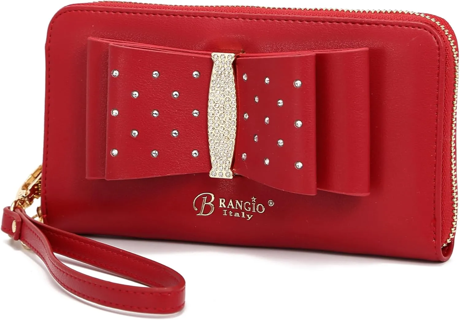 Designer Ribbon Romance Multi-Pocket Rhinestone Wallet Party and Wedding Evening Bling Wristlet for Women (Red)